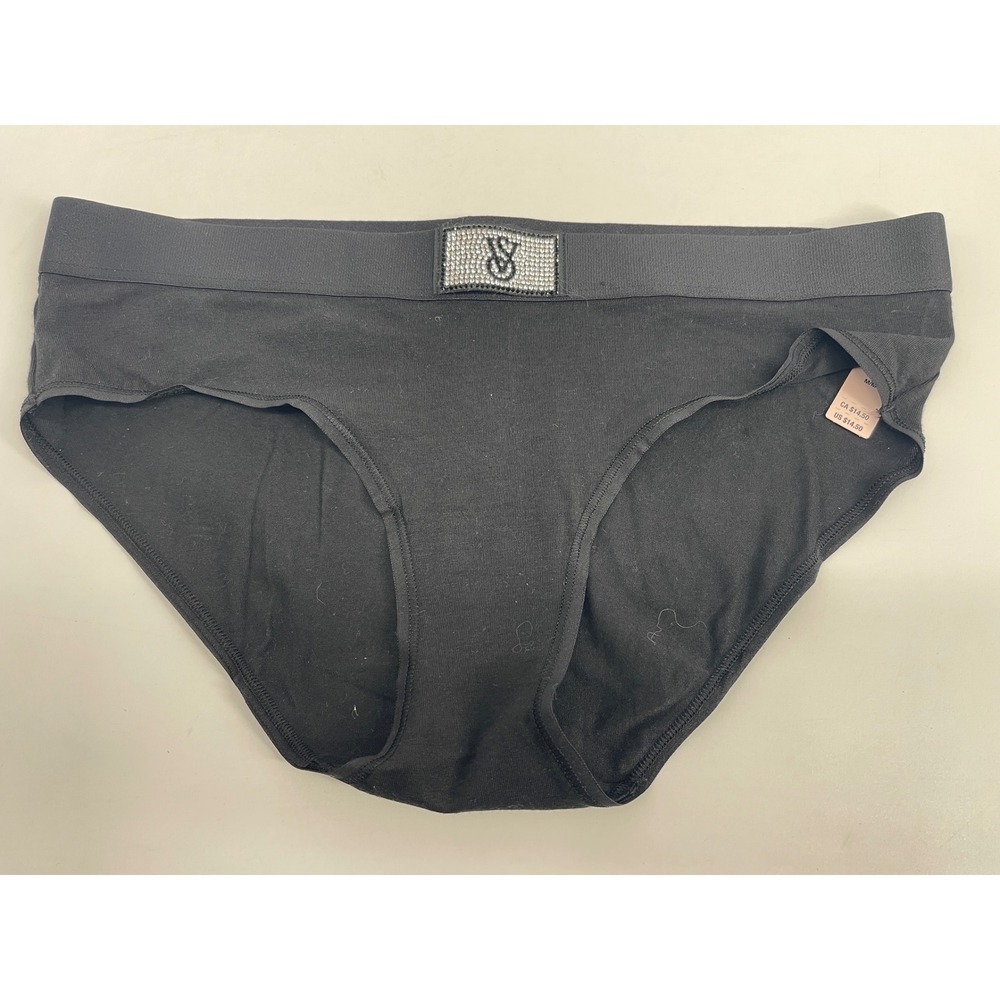 Victoria's Secret Hiphugger Hipster Panty Women Medium Black Rhinestone Logo NWT